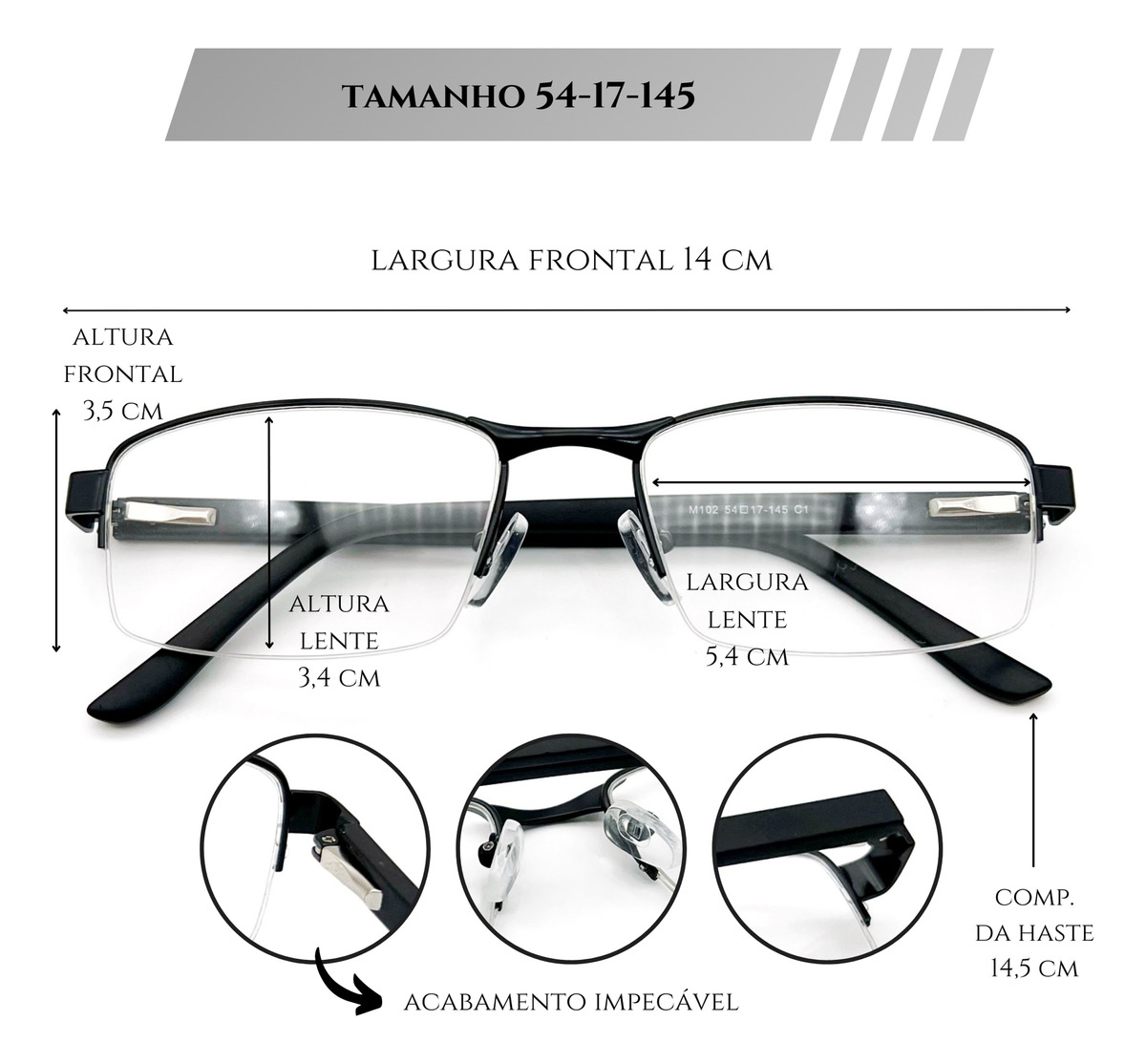Armação Óculos Grau Masculina Fio Nylon Meio Aro Visual Leve Cor Preto + TamanhoArmação Masculina Premium
