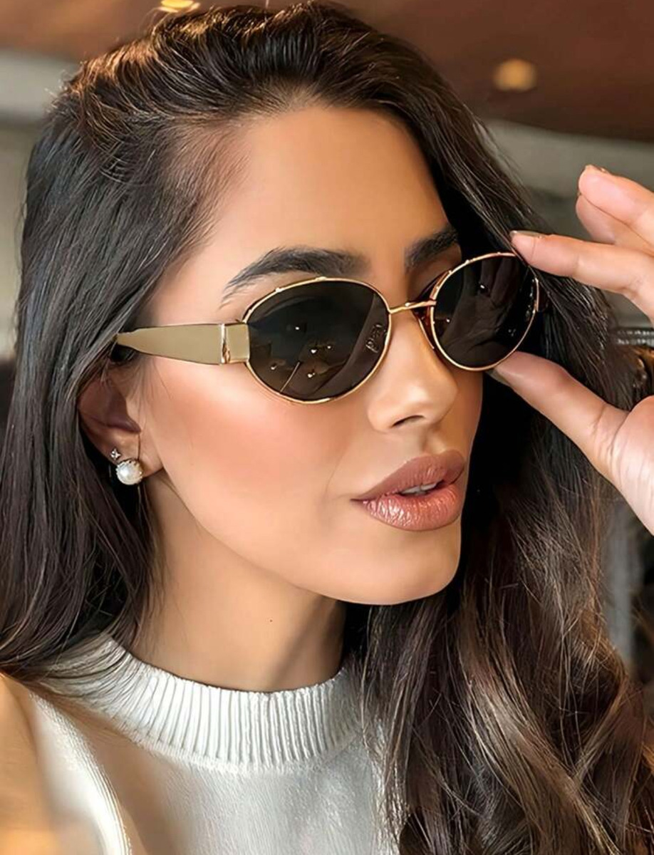 Óculos De Sol Oval Dourado Cobre Moda Tendencia Fashion Luxo
