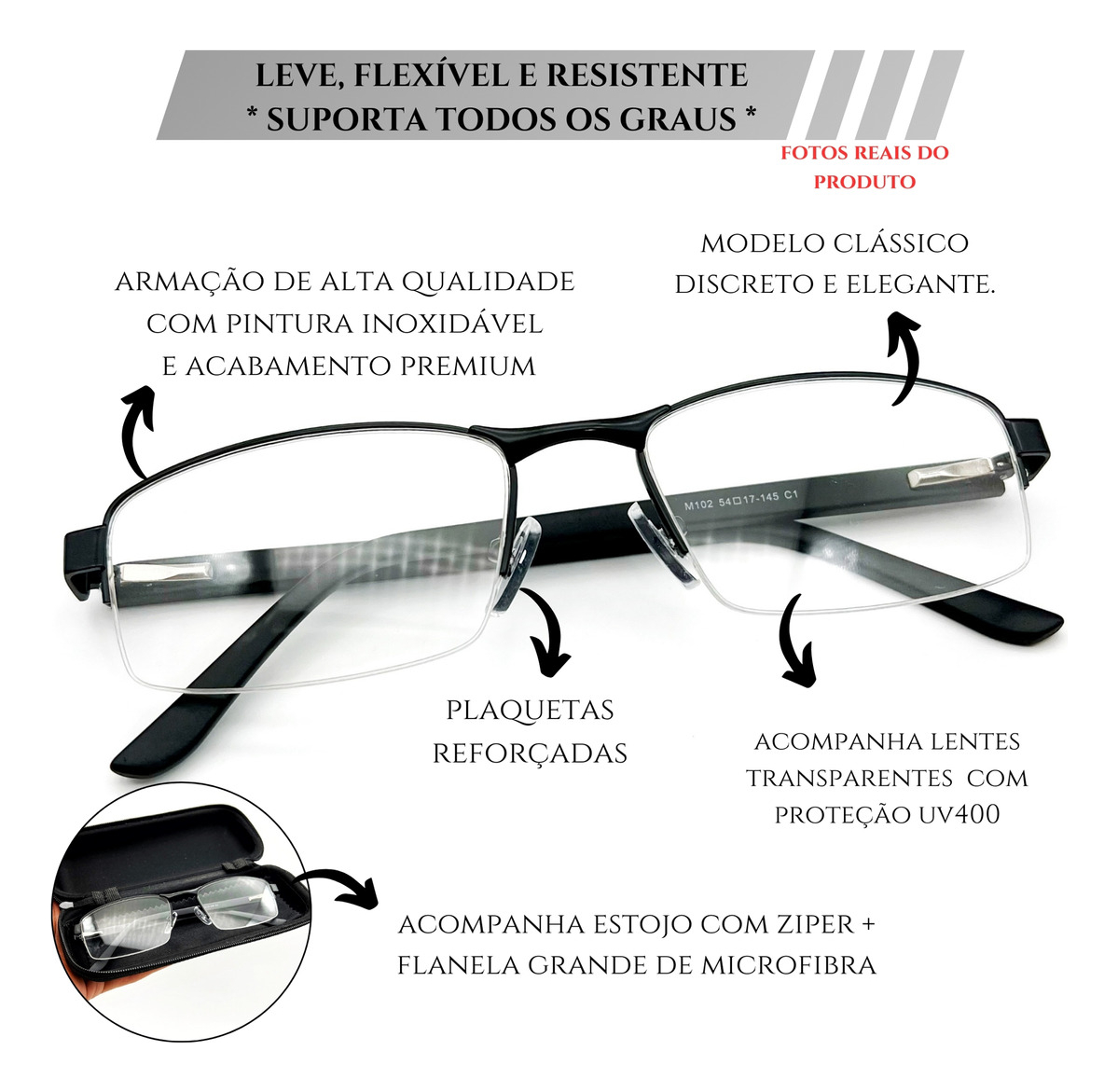 Armação Óculos Grau Masculina Fio Nylon Meio Aro Visual Leve Cor Preto + TamanhoArmação Masculina Premium